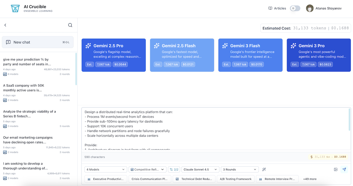 Screenshot of AI Crucible interface showing four Gemini models configured for competitive refinement test